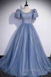 Blue Scoop Tulle Long Evening Prom Dresses, A-Line Short Sleeve Evening Dresses