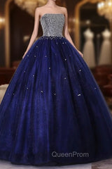 Blue Sequins and Beaded Ball Gown Tulle Lace-up Evening Dresses,Blue Evening Dresses Party Dresses