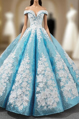 Blue Sequins Off The Shoulder Floor Length Appliques Wedding Dresses