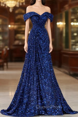 Blue Sequins Off the Shoulder Evening Prom Dresses
