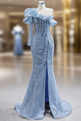 Blue Sequins One Shoulder Beading Evening Prom Dresses