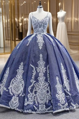 Blue Sequins Spaghetti Straps Appliques Evening Prom Dresses