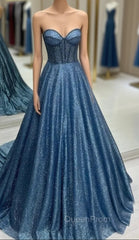 Blue Sequins Sweetheart Beading Evening Prom Dresses