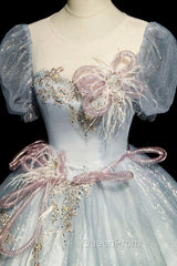 Blue Shiny Tulle Long Evening Prom Dresses with Sequins, A-Line Short Sleeve Party Dresses