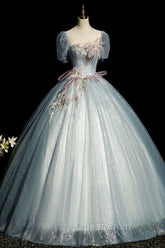 Blue Shiny Tulle Long Evening Prom Dresses with Sequins, A-Line Short Sleeve Party Dresses