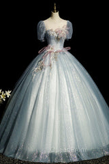 Blue Shiny Tulle Long Evening Prom Dresses with Sequins, A-Line Short Sleeve Party Dresses