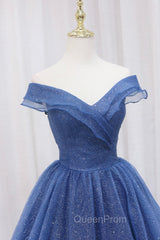Blue Shiny Tulle Off the Shoulder Evening Prom Dresses, Blue V-Neck Evening Dresses