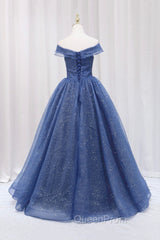 Blue Shiny Tulle Off the Shoulder Evening Prom Dresses, Blue V-Neck Evening Dresses
