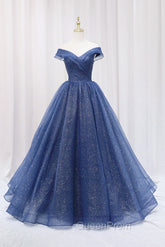 Blue Shiny Tulle Off the Shoulder Evening Prom Dresses, Blue V-Neck Evening Dresses