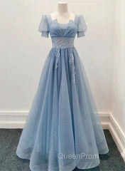 Blue Shiny Tulle Short Sleeves Long Evening Dresses, Blue A-line Evening Prom Dresses