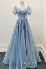 Blue Shiny Tulle Short Sleeves Long Evening Dresses, Blue A-line Evening Prom Dresses
