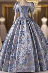 Blue Short Sleee Print Pearls Quinceanera Dresses