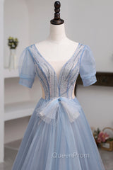 Blue Short Sleeve Tulle Floor Length Evening Prom Dresses with Beaded, Blue A-Line Evening Dresses