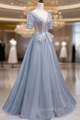 Blue Short Sleeve Tulle Floor Length Evening Prom Dresses with Beaded, Blue A-Line Evening Dresses