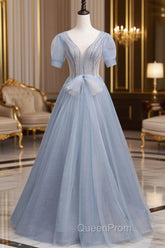 Blue Short Sleeve Tulle Floor Length Evening Prom Dresses with Beaded