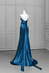 Blue Soft Satin Long Evening Prom Dresses With Leg Slit, Blue Evening Dresses Formal Dresses