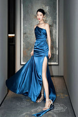 Blue Soft Satin Long Evening Prom Dresses With Leg Slit, Blue Evening Dresses Formal Dresses