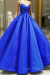 Blue Spaghetti Satin Long Evening Dresses, A-Line Evening Party Gown