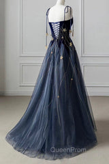 Blue Spaghetti Strap Long Evening Prom Dresses with Star, Blue Evening Party Dresses