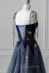 Blue Spaghetti Strap Long Evening Prom Dresses with Star, Blue Evening Party Dresses