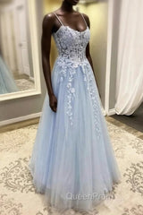 Blue Spaghetti Strap Tulle Appliques Evening Prom Dresses