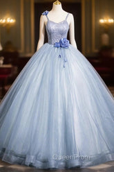 Blue Spaghetti Strap Tulle Floor Length Evening Prom Dresses, Pretty A-Line Evening Party Dresses