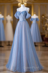 Blue Spaghetti Strap Tulle Long Evening Prom Dresses, Beautiful A-Line Evening Dresses