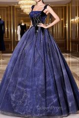 Blue Spaghetti Strap Tulle Long Evening Prom Dresses with Star, Blue Evening Party Dresses