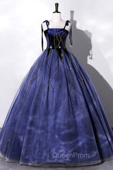 Blue Spaghetti Strap Tulle Long Evening Prom Dresses with Star, Blue Evening Party Dresses