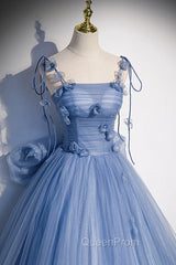 Blue Spaghetti Strap Tulle with Flowers Long Evening Dresses, Blue Party Dresses with Bow