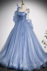 Blue Spaghetti Strap Tulle with Flowers Long Evening Dresses, Blue Party Dresses with Bow