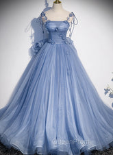 Blue Spaghetti Strap Tulle with Flowers Long Evening Dresses, Blue Party Dresses with Bow