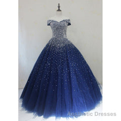 Blue Sparkle Off Shoulder Ball Party Dress , Handmade Beaded Party Dress