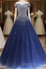 Blue Sparkle Off Shoulder Ball Party Dresses Handmade Beaded Party Dresses Elegant Evening Prom Dresses Evening Dresses