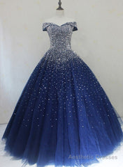 Blue Sparkle Off Shoulder Ball Party Dress , Handmade Beaded Party Dress