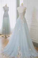Blue Strapless Lace Evening Prom Dresses, A-Line Tulle Evening Party Dresses
