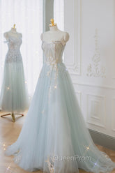 Blue Strapless Lace Evening Prom Dresses, A-Line Tulle Evening Party Dresses