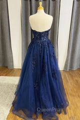Blue Strapless Lace Long Evening Prom Dresses, A-Line Evening Dresses Party Dresses