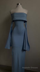 Blue Strapless Prom Dress Long Sleeve Bodycon Party Dress