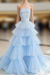 Blue Strapless Tulle Layers Long Evening Prom Dresses, A-Line Evening Dresses