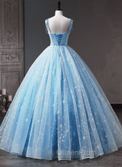 Blue Straps Tulle Floral Long Evening Prom Dresses, Blue Evening Dresses Party Dresses