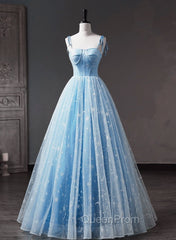 Blue Straps Tulle Floral Long Evening Prom Dresses, Blue Evening Dresses Party Dresses