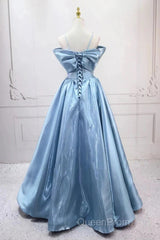 Blue Sweet A-Line Spaghetti Strap Satin Long Evening Prom Dresses Evening Party Dresses
