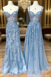 Blue Sweetheart Neck Lace Long Evening Prom Dresses, Blue A-line Lace Graduation Dresses