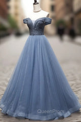 Blue Sweetheart Neck Tulle Beads Off Shoulder Long Evening Prom Dresses