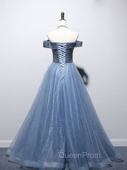 Blue Sweetheart Neck Tulle Beads Off Shoulder Long Evening Prom Dresses
