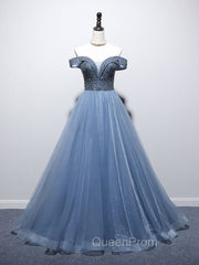 Blue Sweetheart Neck Tulle Beads Off Shoulder Long Evening Prom Dresses