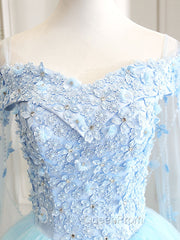 Blue Sweetheart Neck Tulle Lace Long Evening Prom Dresses, Blue Evening Dresses