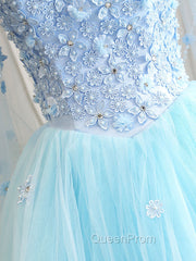 Blue Sweetheart Neck Tulle Lace Long Evening Prom Dresses, Blue Evening Dresses