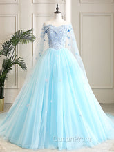Blue Sweetheart Neck Tulle Lace Long Evening Prom Dresses, Blue Evening Dresses